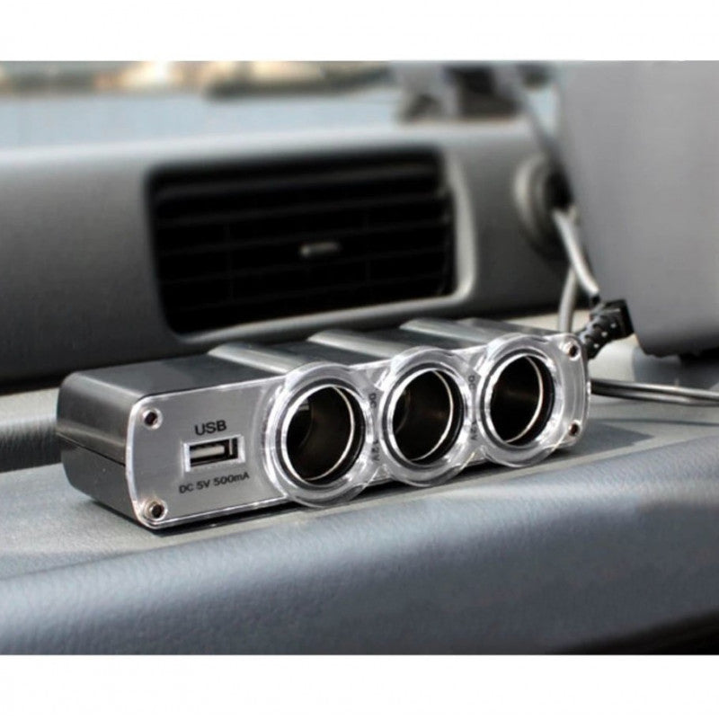 Adaptor triplu auto, conectare bricheta, 3 iesiri plus port USB,